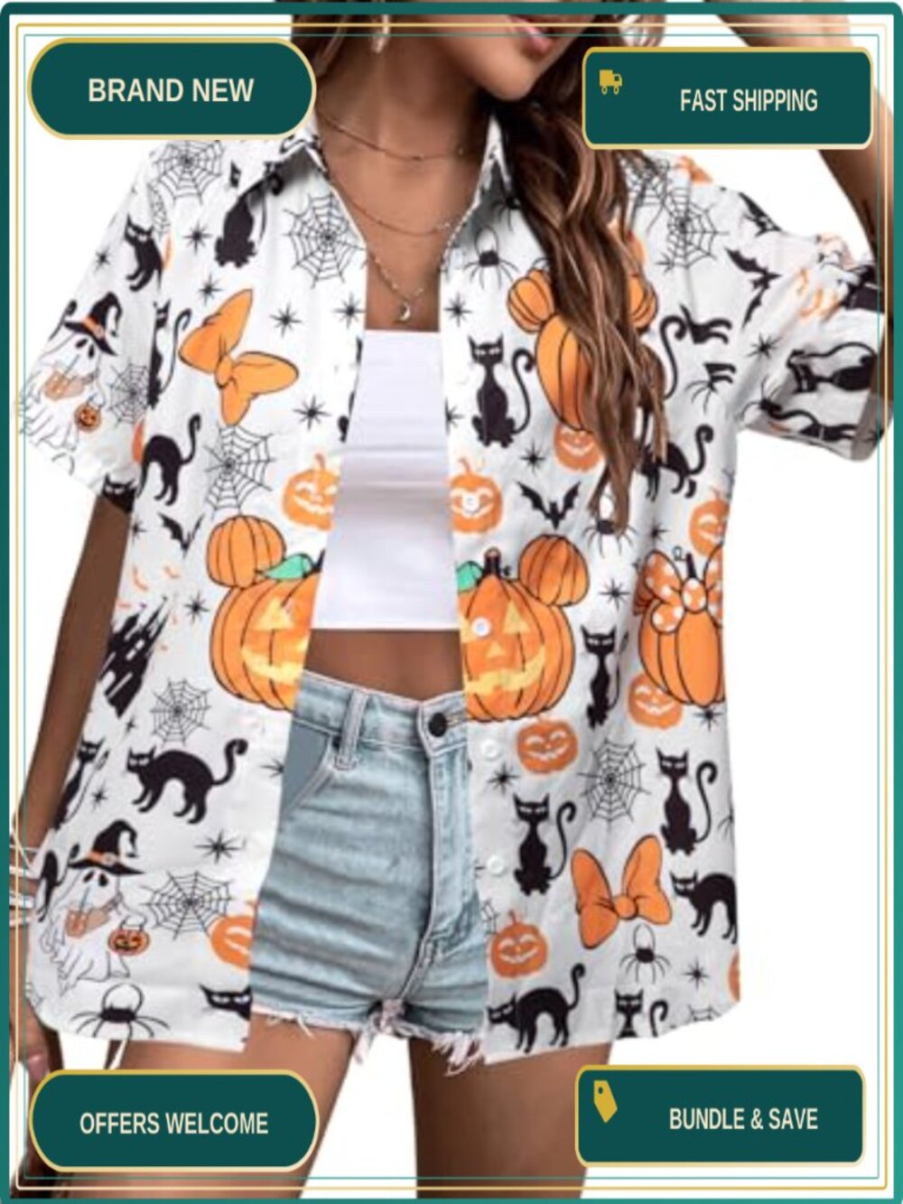 Womens Halloween Hawaiian Button Down Shirt Short Sleeve Top